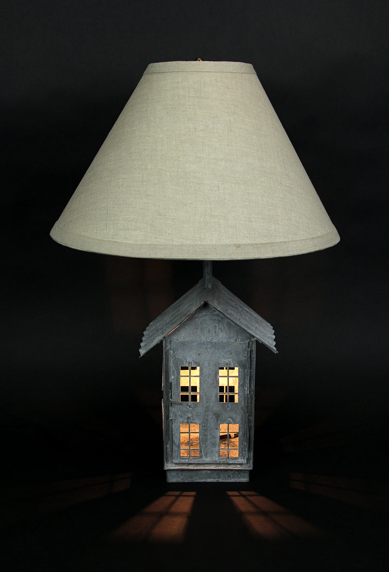 Set of 2 Rustic Galvanized Grey Metal House-Shaped Table Lamps with Accent Lights - 15 Inch Beige Fabric Shades - Country