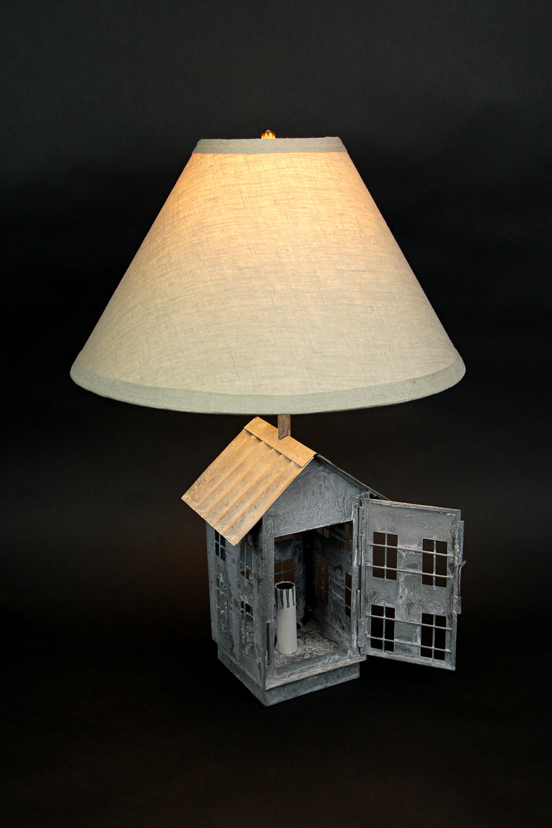 Set of 2 Rustic Galvanized Grey Metal House-Shaped Table Lamps with Accent Lights - 15 Inch Beige Fabric Shades - Country