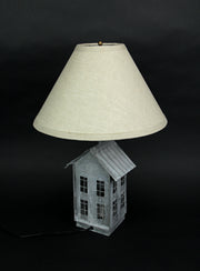 Set of 2 Rustic Galvanized Grey Metal House-Shaped Table Lamps with Accent Lights - 15 Inch Beige Fabric Shades - Country