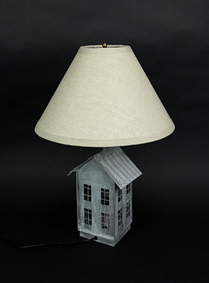 Set of 2 Rustic Galvanized Grey Metal House-Shaped Table Lamps with Accent Lights - 15 Inch Beige Fabric Shades - Country