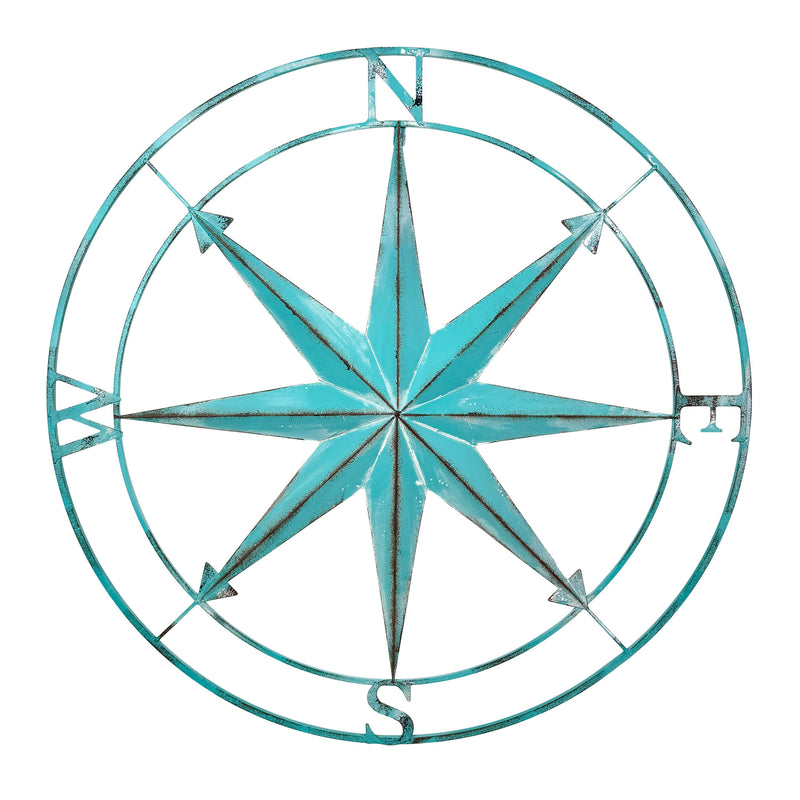 Aqua - Image 1 - Zeckos 39 Inch Aqua Metal Compass Rose Wall Decor, Large Distressed Nautical Wind Rose Wall Sculpture with
