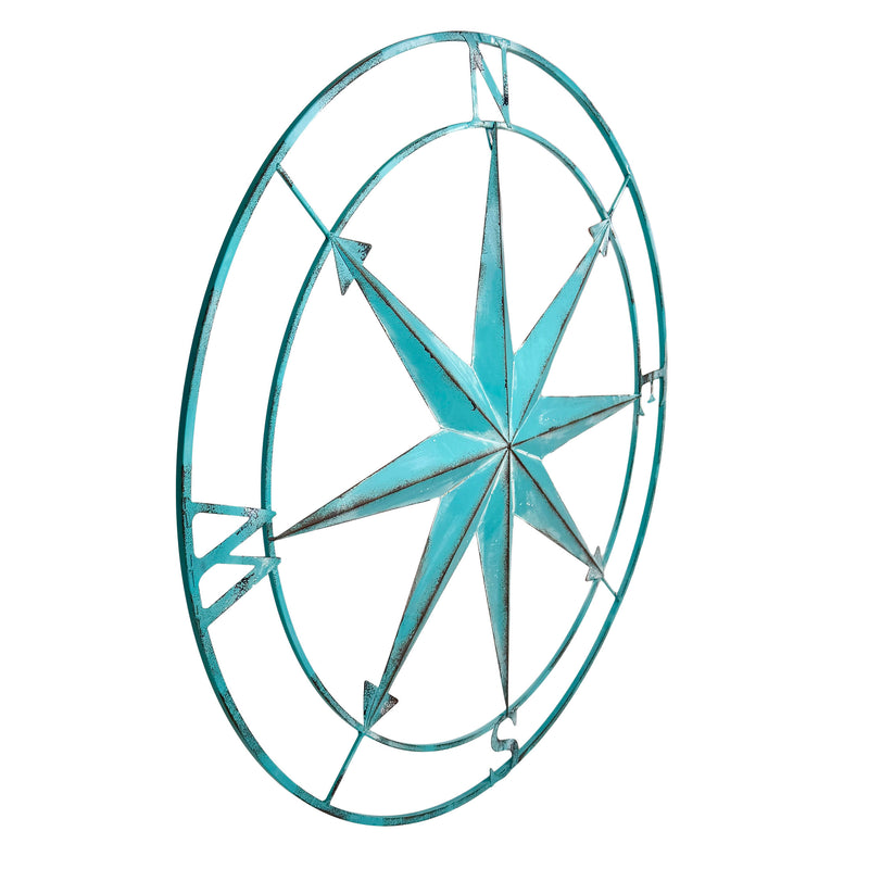 Aqua - Image 2 - Zeckos 39 Inch Aqua Metal Compass Rose Wall Decor, Large Distressed Nautical Wind Rose Wall Sculpture with