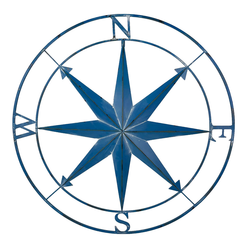 Blue - Image 1 - Aegean Blue Distressed Finish Large Metal Nautical Compass Rose Wall Art Sculpture - Beautiful Coastal