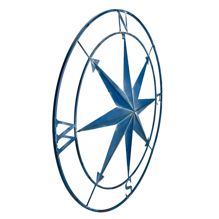 Blue - Image 2 - Aegean Blue Distressed Finish Large Metal Nautical Compass Rose Wall Art Sculpture - Beautiful Coastal