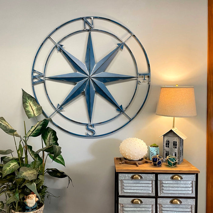 Blue - Image 4 - Aegean Blue Distressed Finish Large Metal Nautical Compass Rose Wall Art Sculpture - Beautiful Coastal