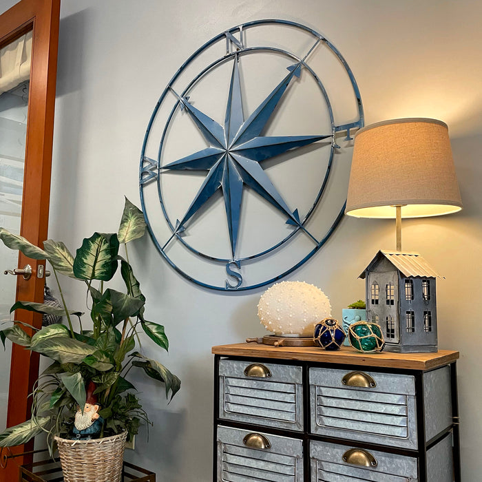 Blue - Image 5 - Aegean Blue Distressed Finish Large Metal Nautical Compass Rose Wall Art Sculpture - Beautiful Coastal