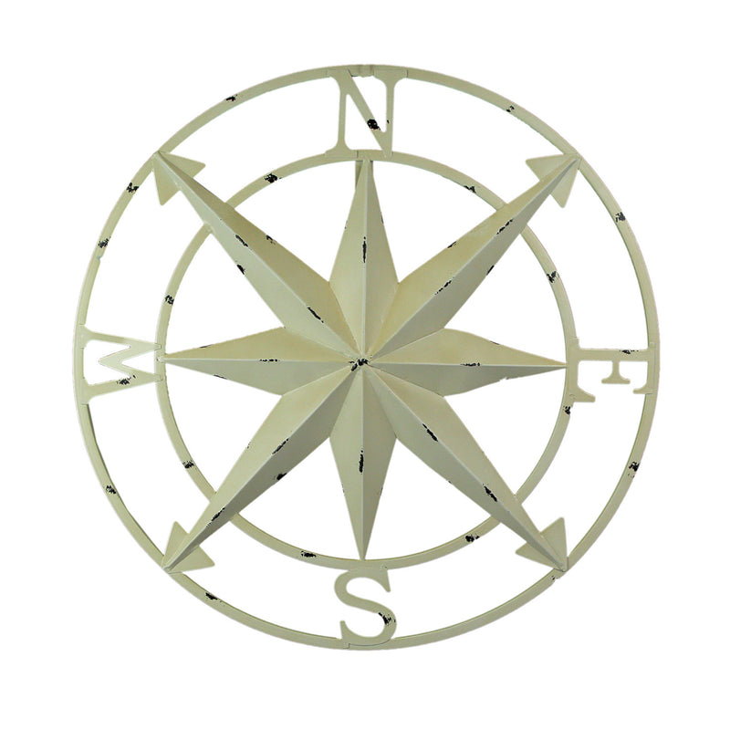 Nautical Compass Rose Wall Hanging Sculpture - Antiqued White Finish Metal Indoor Outdoor Ocean Decor - 20.5 Inch Diameter