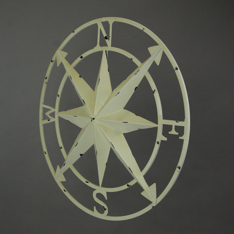 Nautical Compass Rose Wall Hanging Sculpture - Antiqued White Finish Metal Indoor Outdoor Ocean Decor - 20.5 Inch Diameter