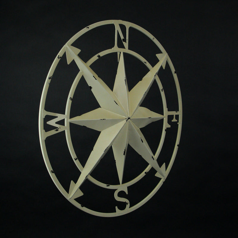 Nautical Compass Rose Wall Hanging Sculpture - Antiqued White Finish Metal Indoor Outdoor Ocean Decor - 20.5 Inch Diameter