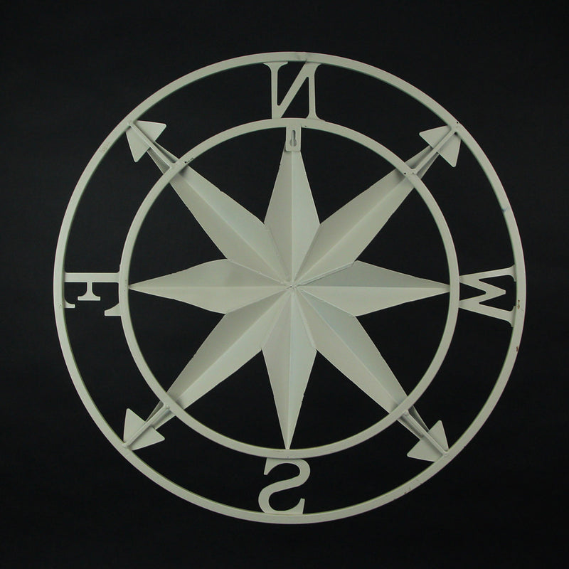 Nautical Compass Rose Wall Hanging Sculpture - Antiqued White Finish Metal Indoor Outdoor Ocean Decor - 20.5 Inch Diameter