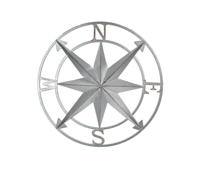 Nautical Compass Rose Wall Hanging Sculpture - Galvanized Grey Finish Metal Indoor Outdoor Ocean Decor - 20.5 Inch Diameter
