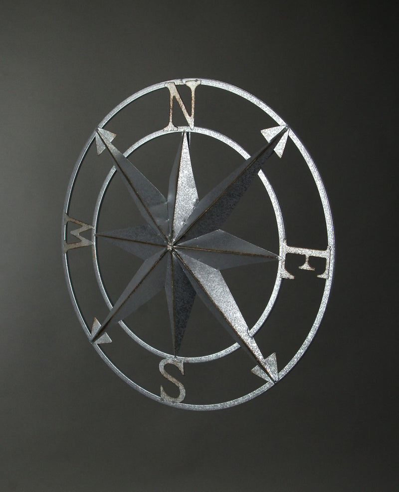 Nautical Compass Rose Wall Hanging Sculpture - Galvanized Grey Finish Metal Indoor Outdoor Ocean Decor - 20.5 Inch Diameter