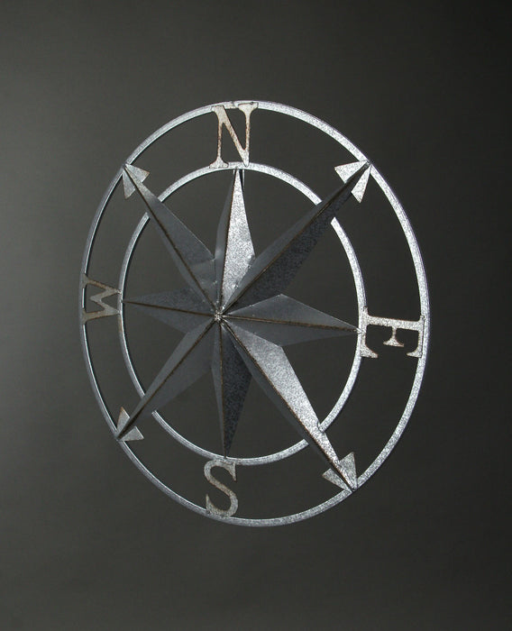 Weathered Silver Finish Metal Nautical Compass Rose Wall Décor