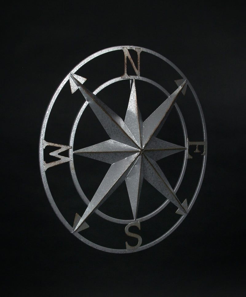 Nautical Compass Rose Wall Hanging Sculpture - Galvanized Grey Finish Metal Indoor Outdoor Ocean Decor - 20.5 Inch Diameter