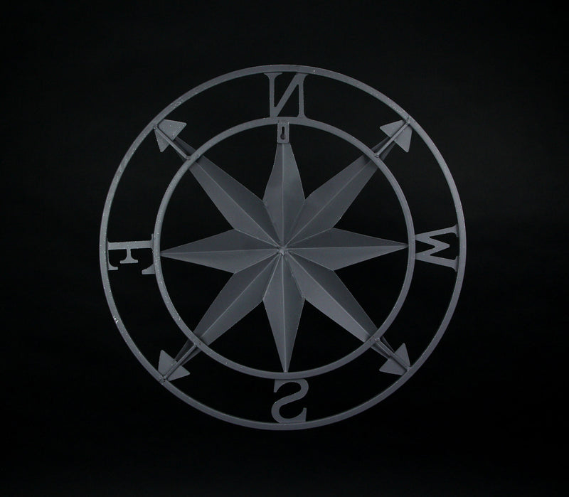 Nautical Compass Rose Wall Hanging Sculpture - Galvanized Grey Finish Metal Indoor Outdoor Ocean Decor - 20.5 Inch Diameter