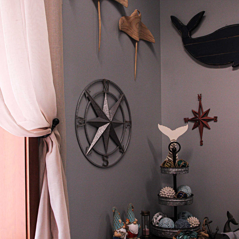 Nautical Compass Rose Wall Hanging Sculpture - Galvanized Grey Finish Metal Indoor Outdoor Ocean Decor - 20.5 Inch Diameter