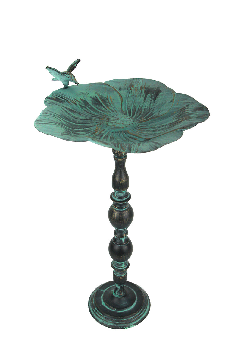Rustic Verdigris Green Finish Metal Bird Bath - Enchanting Outdoor Garden Water Basin - 25.5 Inches High - Decorative