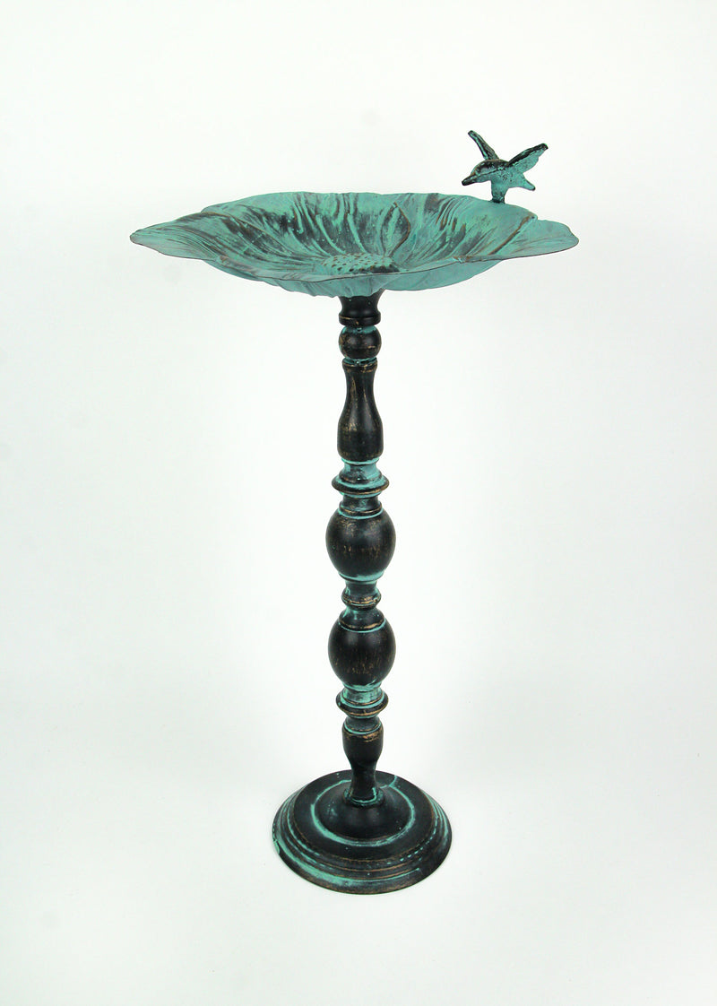 Rustic Verdigris Green Finish Metal Bird Bath - Enchanting Outdoor Garden Water Basin - 25.5 Inches High - Decorative