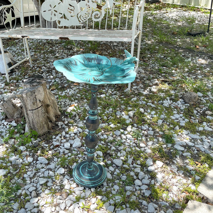 Rustic Verdigris Green Finish Metal Bird Bath - Enchanting Outdoor Garden Water Basin - 25.5 Inches High - Decorative