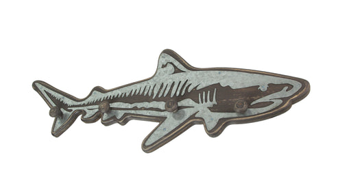 33-Inch Rustic Wood Shark Wall Hook Rack with Galvanized Metal Accents - Coastal-Themed Decorative Art Hanging for Keys,