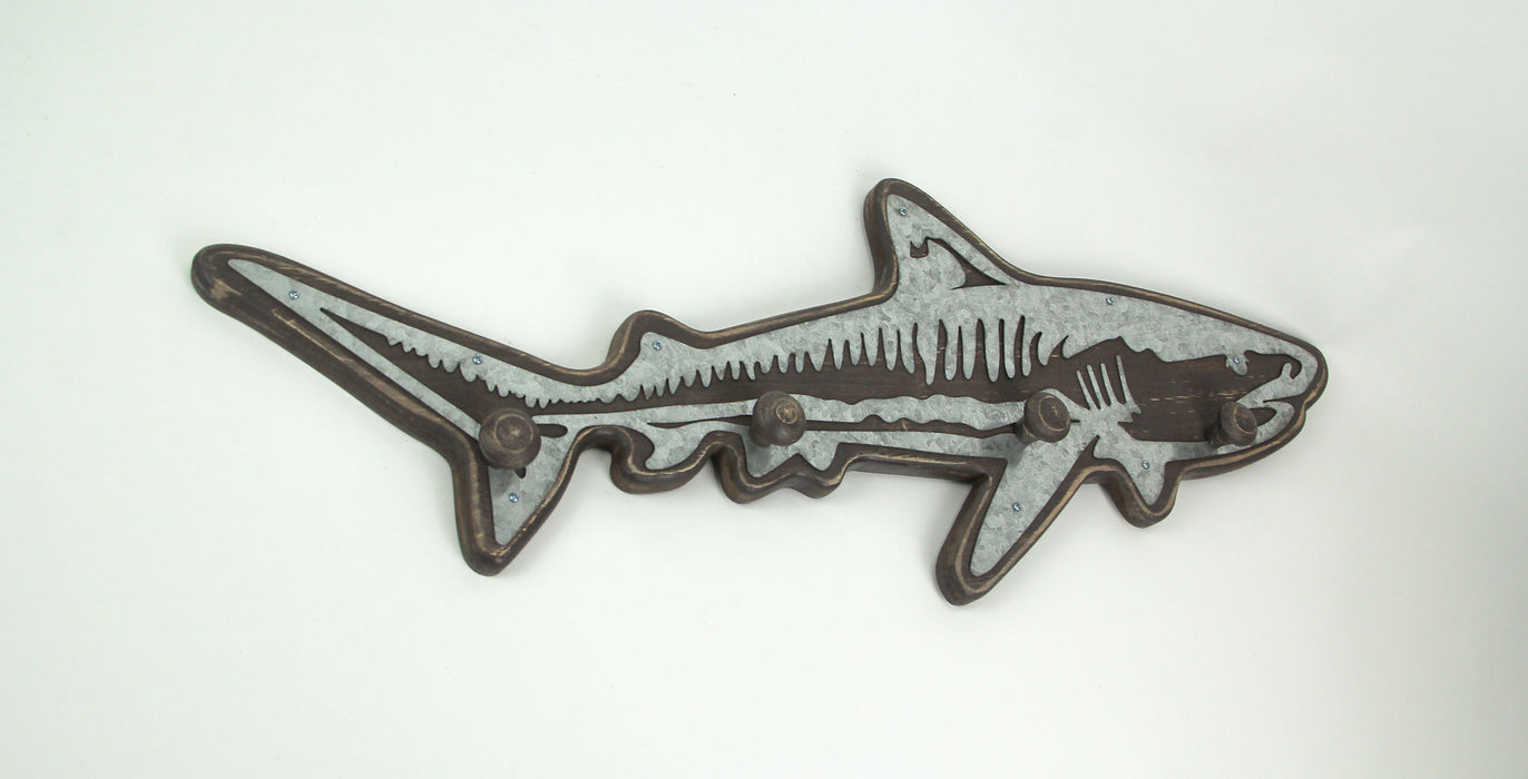 33-Inch Rustic Wood Shark Wall Hook Rack with Galvanized Metal Accents - Coastal-Themed Decorative Art Hanging for Keys,