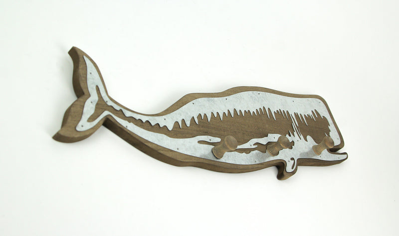Rustic Weathered Brown Wood Whale Wall Hook Rack with Metal Accents - Decorative Ocean Décor Art Sculpture - 21 Inches Long -