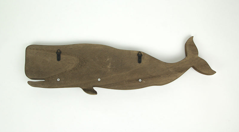 Rustic Weathered Brown Wood Whale Wall Hook Rack with Metal Accents - Decorative Ocean Décor Art Sculpture - 21 Inches Long -