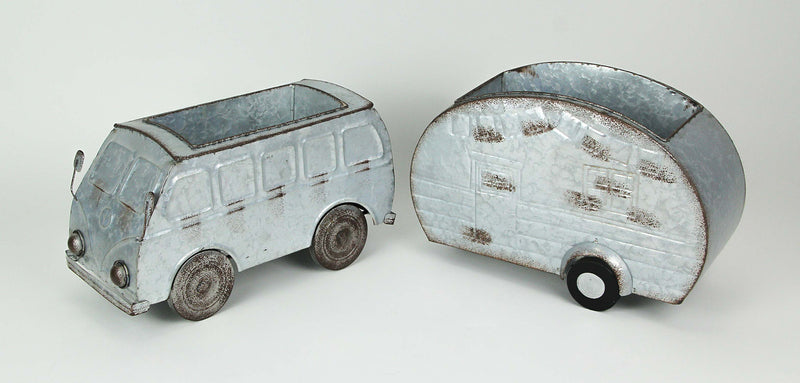 Distressed Galvanized Grey Vintage Surfer Van and Camper Metal Planter Set for Indoor or Outdoor Décor - Hippie Vibes for