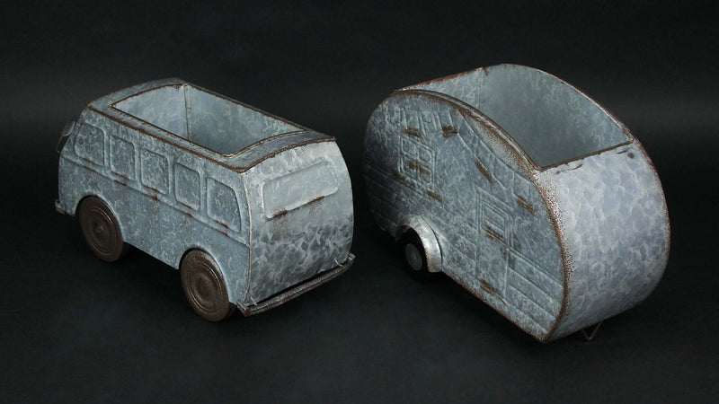 Distressed Galvanized Grey Vintage Surfer Van and Camper Metal Planter Set for Indoor or Outdoor Décor - Hippie Vibes for