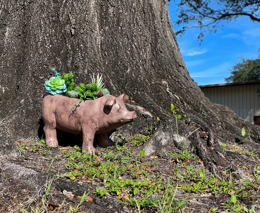 Brown - Image 5 - Rustic Brown Smiling Pig Resin Decorative Planter - 17 Inches Long - Great For Flowers and Succulents -