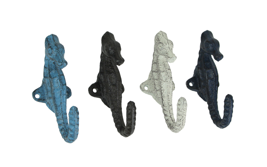 Multicolored - Image 1 - Set of 4 Coastal Cast Iron Seahorse Wall Hooks - Decorative Ocean Hooks for Towels, Bags, and More -