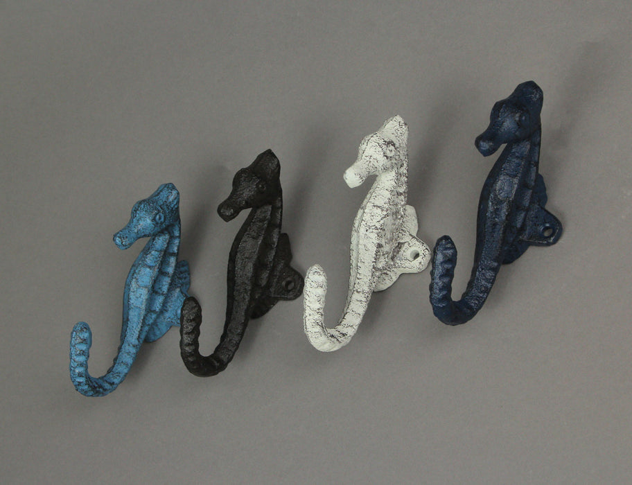 Multicolored - Image 5 - Set of 4 Coastal Cast Iron Seahorse Wall Hooks - Decorative Ocean Hooks for Towels, Bags, and More -