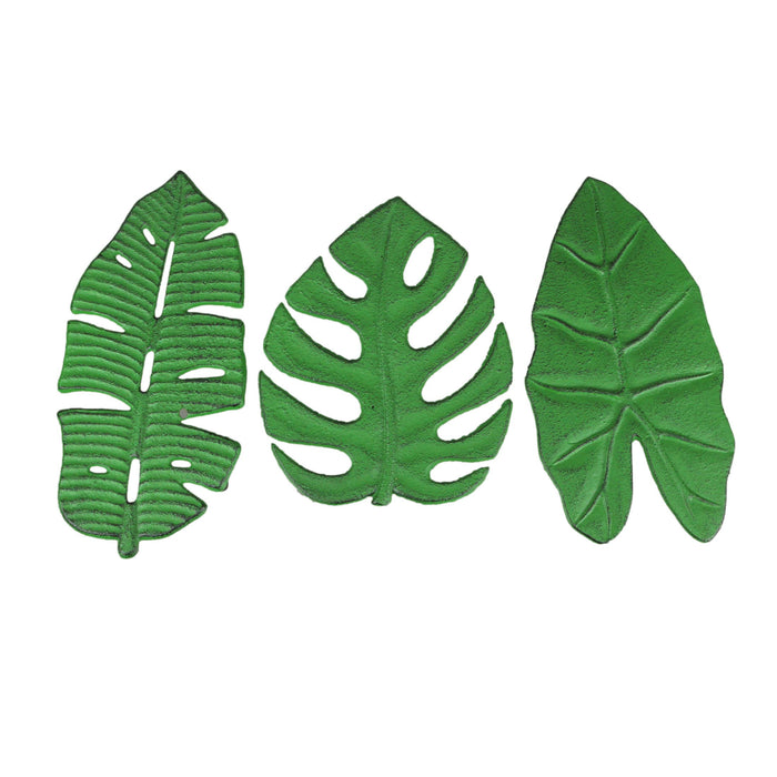 Set of 3 Aged Green Cast Iron Tropical Leaf Kitchen Trivets - Practical, Stylish, and Versatile - Perfect for Table Decor and