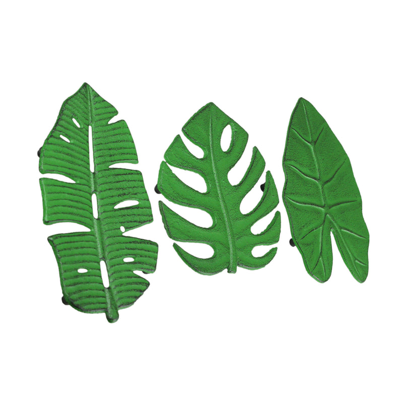 Set of 3 Aged Green Cast Iron Tropical Leaf Kitchen Trivets - Practical, Stylish, and Versatile - Perfect for Table Decor and