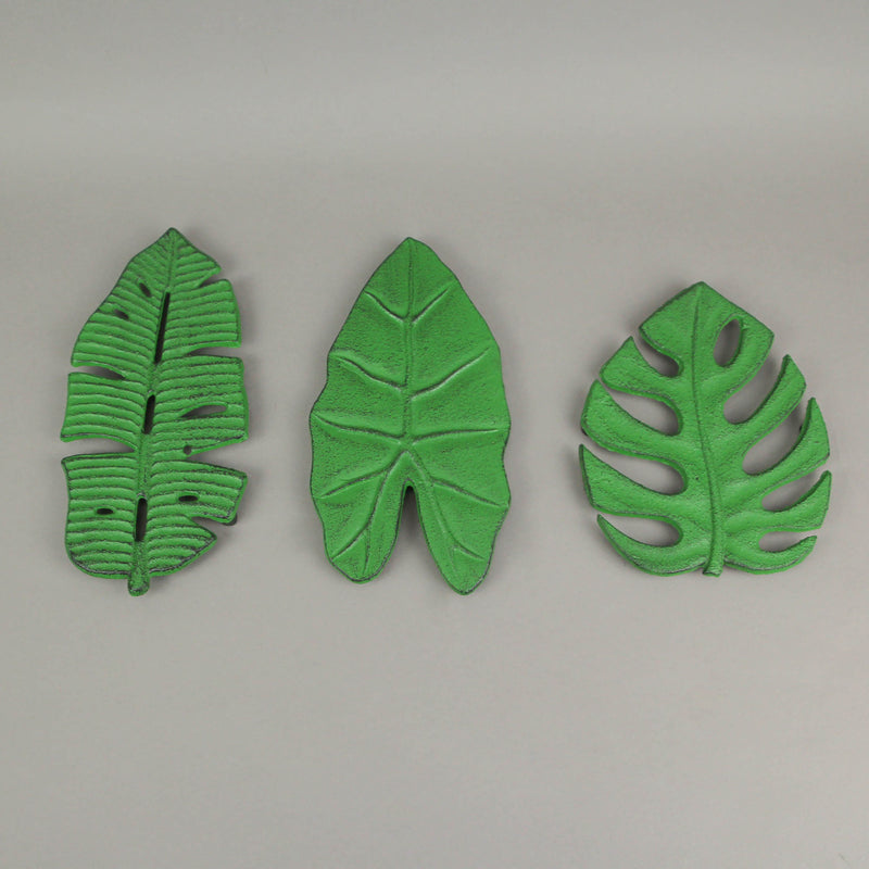 Set of 3 Aged Green Cast Iron Tropical Leaf Kitchen Trivets - Practical, Stylish, and Versatile - Perfect for Table Decor and
