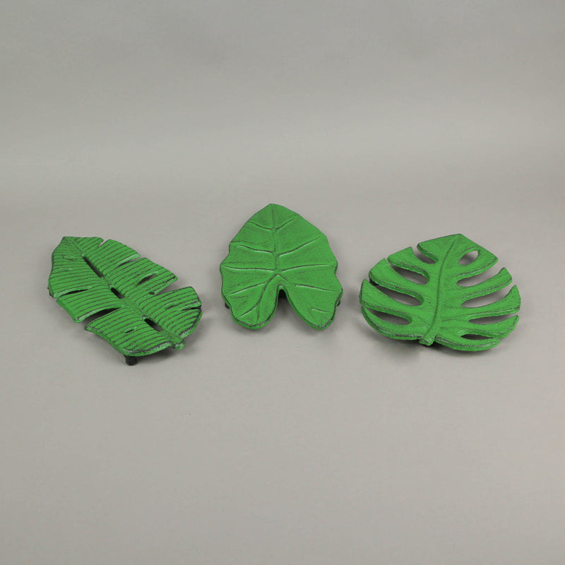Set of 3 Aged Green Cast Iron Tropical Leaf Kitchen Trivets - Practical, Stylish, and Versatile - Perfect for Table Decor and