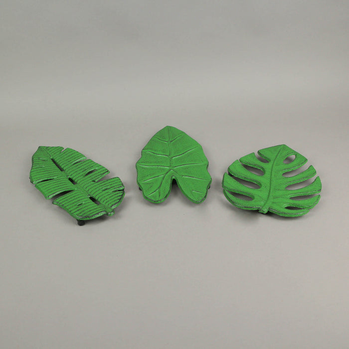 Set of 3 Aged Green Cast Iron Tropical Leaf Kitchen Trivets - Practical, Stylish, and Versatile - Perfect for Table Decor and