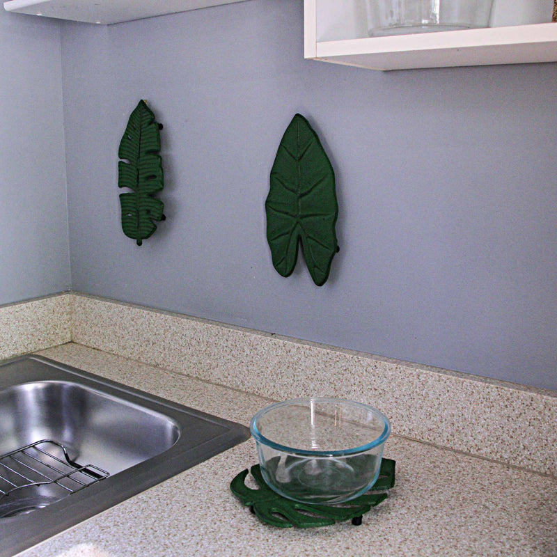 Set of 3 Aged Green Cast Iron Tropical Leaf Kitchen Trivets - Practical, Stylish, and Versatile - Perfect for Table Decor and