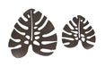 Antiqued Brown Metal Monstera Leaf Sculptures: Set of 2 Wall Hanging Tropical Decor Pieces, Perfect for Living Rooms,