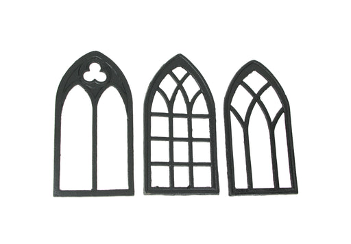 Set of 3 Black Finish Cast Iron Gothic Cathedral Window Frame Decorative Wall Hangings - Antique Charm - Timeless Elegance