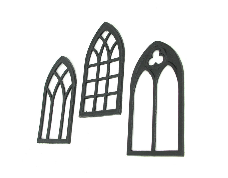 Set of 3 Black Finish Cast Iron Gothic Cathedral Window Frame Decorative Wall Hangings - Antique Charm - Timeless Elegance