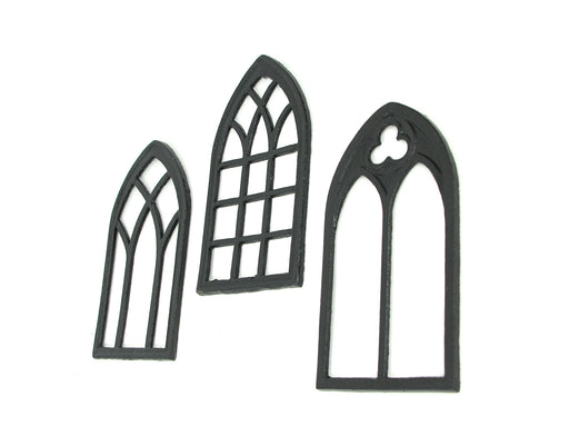 Set of 3 Black Finish Cast Iron Gothic Cathedral Window Frame Decorative Wall Hangings - Antique Charm - Timeless Elegance