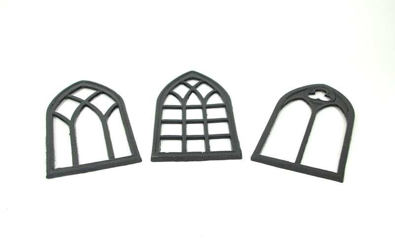 Set of 3 Black Finish Cast Iron Gothic Cathedral Window Frame Decorative Wall Hangings - Antique Charm - Timeless Elegance