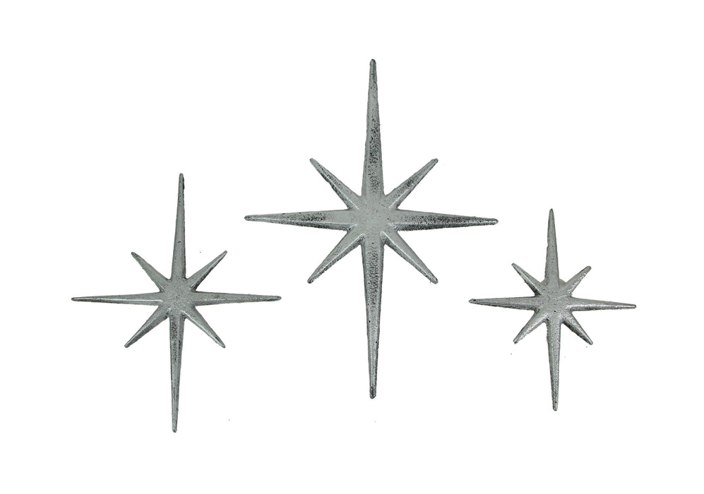 Silver - Image 1 - Large Set of 3 Metallic Silver Cast Iron Starburst Wall Hangings Mid Century Modern Décor 8 Pointed Stars