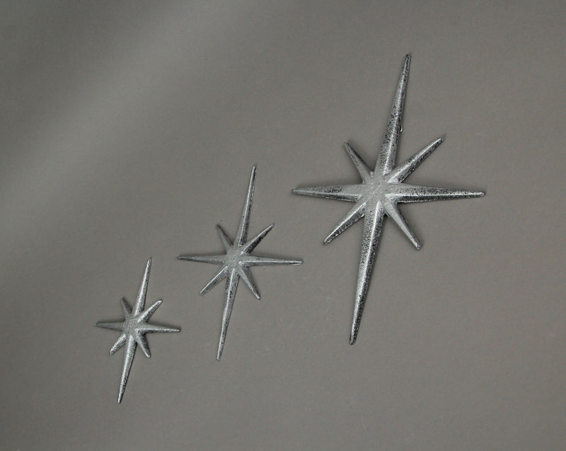 Silver - Image 2 - Set of 3 Large Metallic Silver Cast Iron 8 Pointed Star Starburst Wall Hangings - Mid Century Modern Décor