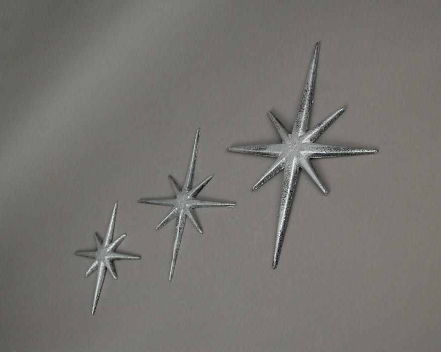 Silver - Image 2 - Large Set of 3 Metallic Silver Cast Iron Starburst Wall Hangings Mid Century Modern Décor 8 Pointed Stars