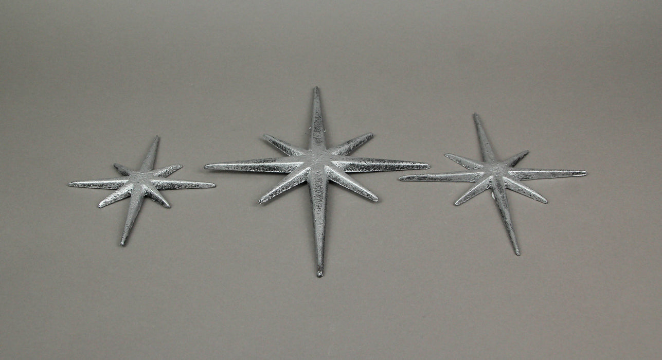 Silver - Image 3 - Large Set of 3 Metallic Silver Cast Iron Starburst Wall Hangings Mid Century Modern Décor 8 Pointed Stars