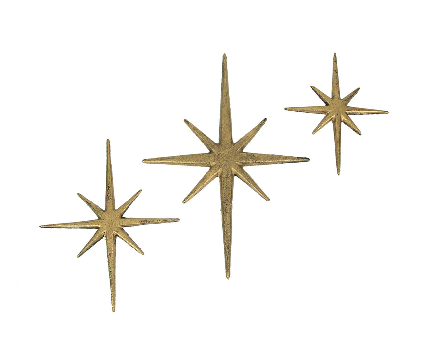 Gold - Image 1 - Large Set of 3 Metallic Gold Cast Iron Starburst Wall Hangings Mid Century Modern Décor 8 Pointed Stars