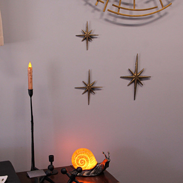 Gold - Image 4 - Large Set of 3 Metallic Gold Cast Iron Starburst Wall Hangings Mid Century Modern Décor 8 Pointed Stars