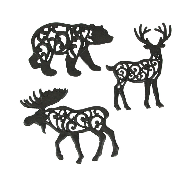Set of 3 Black Cast Iron Lodge Design Wild Forest Animal Western Kitchen Table Décor Trivets Decorative Wall Hanging Art Deer